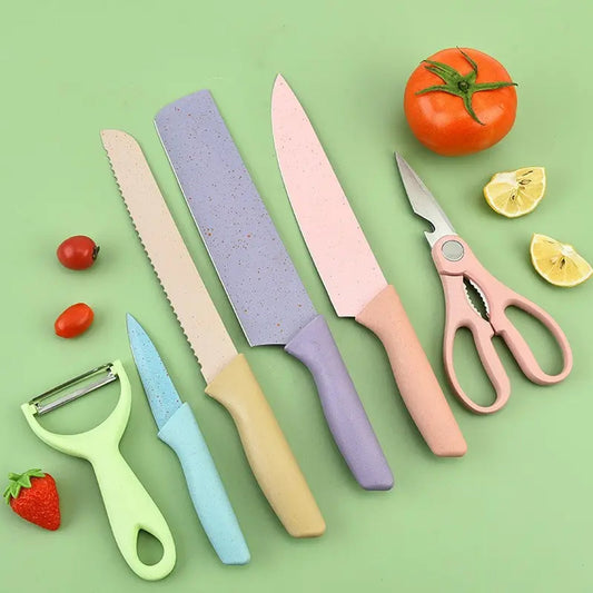 Complete CookAura 6-piece kitchen knife set with steel blades and elegant storage box.