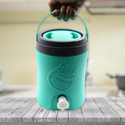 Durable plastic 3.5L insulated water jug with tap for cool water storage.