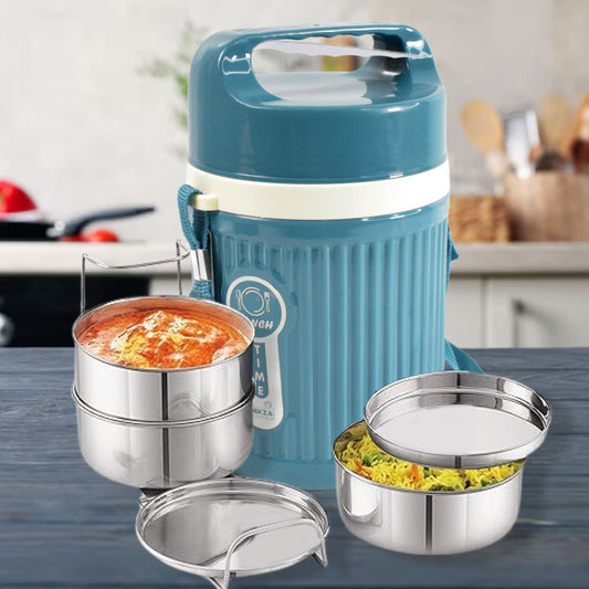 Stackable insulated stainless steel tiffin with handle, featuring three compartments.