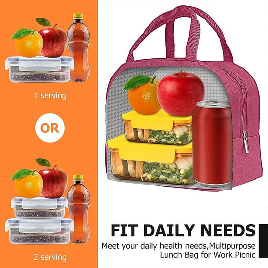 Insulated lunch bag with zipper closure on white surface