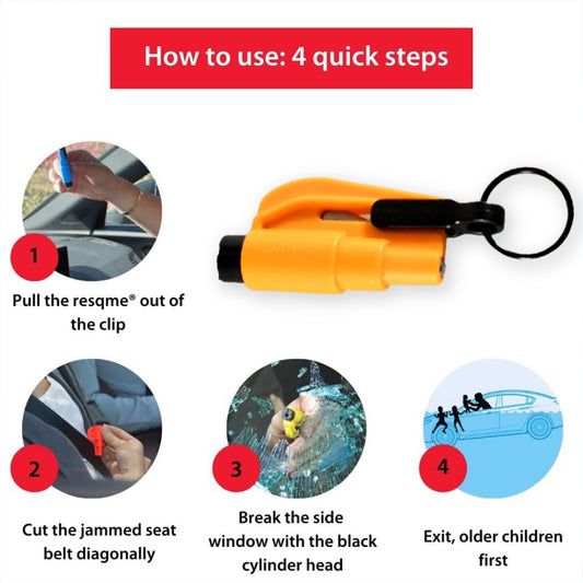 Close-up of the sharp seat belt cutter blade on the emergency safety tool.