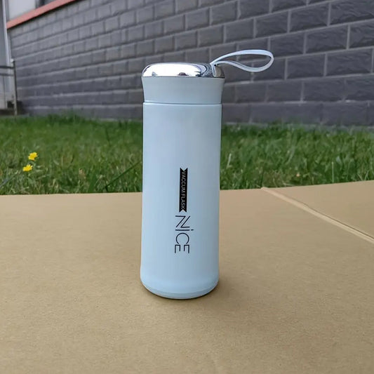 Clear borosilicate glass water bottle 300ml with a black lid, ideal for outdoor sports.