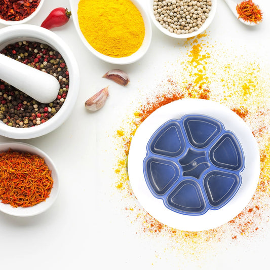 Airtight 7-section masala box in a modern kitchen setting.