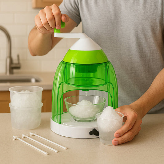 Manual ice crusher with hand crank and party accessories making crushed ice