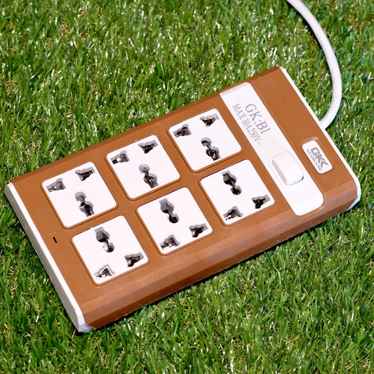 Extension board with six universal sockets and a master switch.