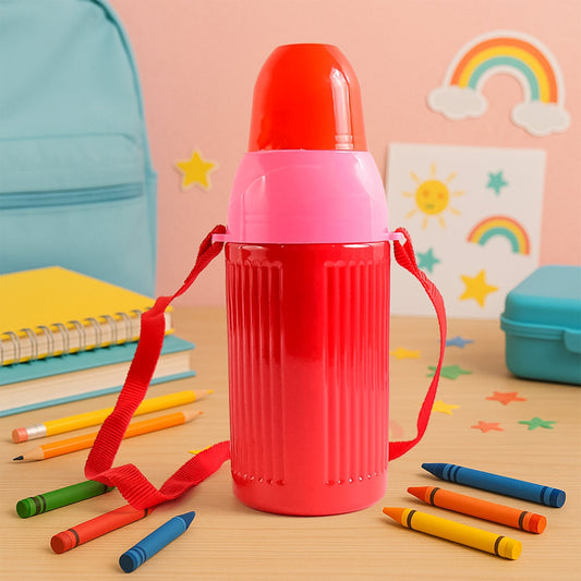 Vibrant red and pink 500ml Kids Insulated Water Bottle with strap.