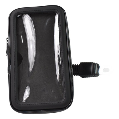 Phone holder case securely attached to a scooter handlebar, suitable for various vehicles.