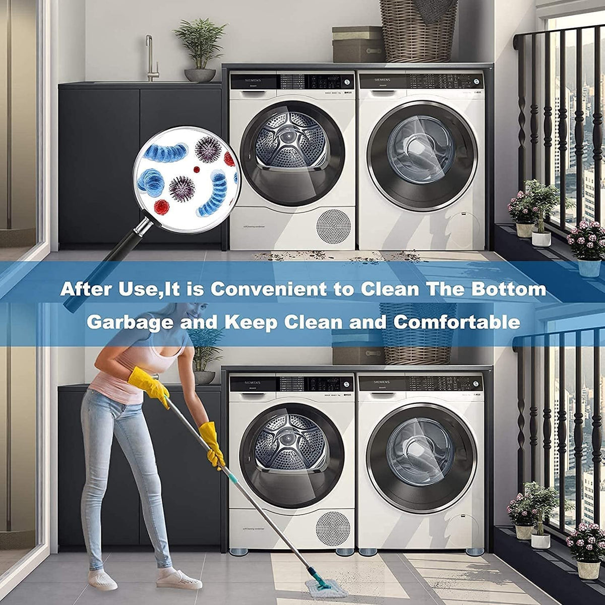 Noise reducing suction cup pads creating a quieter laundry experience.