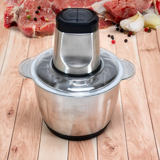 CookAura 3L electric meat grinder with a shiny stainless steel bowl on a white background.