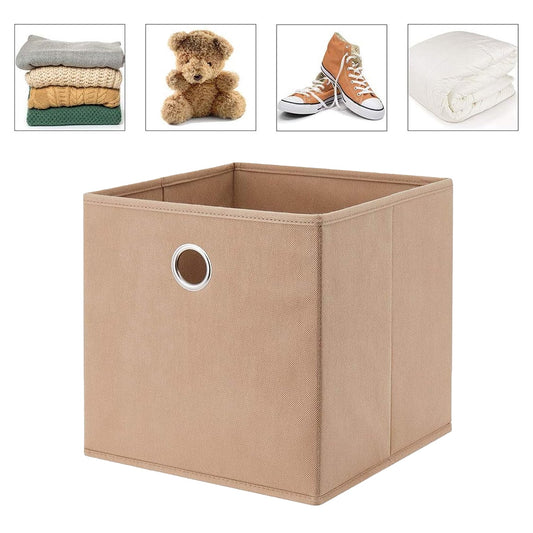 Foldable jute storage box with ring for clothes and toys on shelf