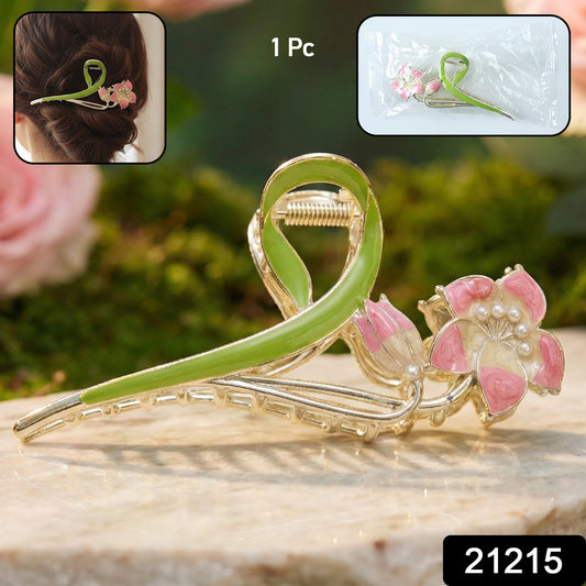 Open floral hair claw clip showing strong spring mechanism