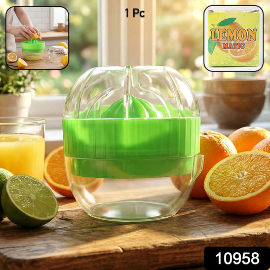 Close-up view of manual citrus juicer pressing fresh lemon juice