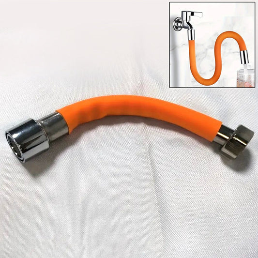 Flexible water tap extender installed on a kitchen faucet, showing its bendable design.