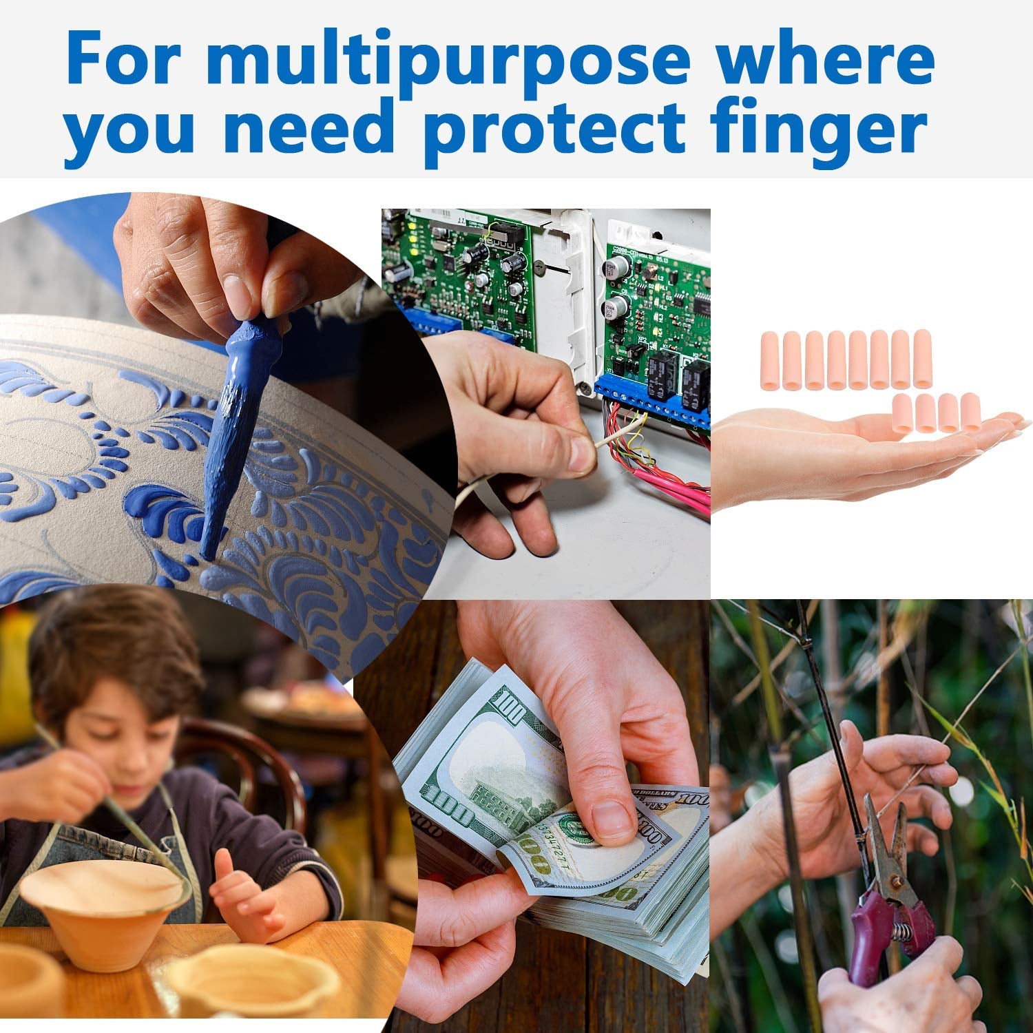 Person using silicone finger protection during a manual task like typing.