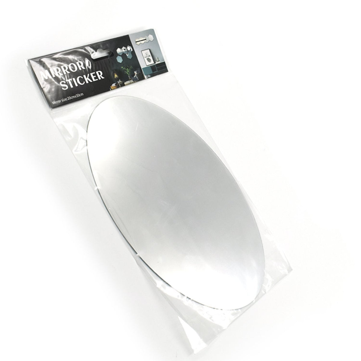 Hand demonstrating easy application of an oval adhesive bathroom mirror sticker.