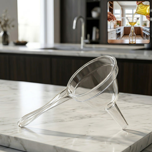 Clear kitchen funnel with ergonomic handle and wide spout