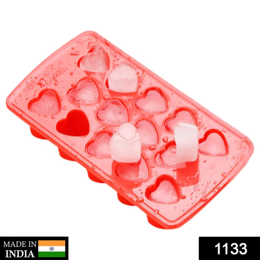 Flexible plastic heart ice cube mold with 14 cavities.