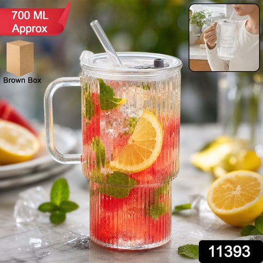 Glass tumbler with straw pack in transparent design