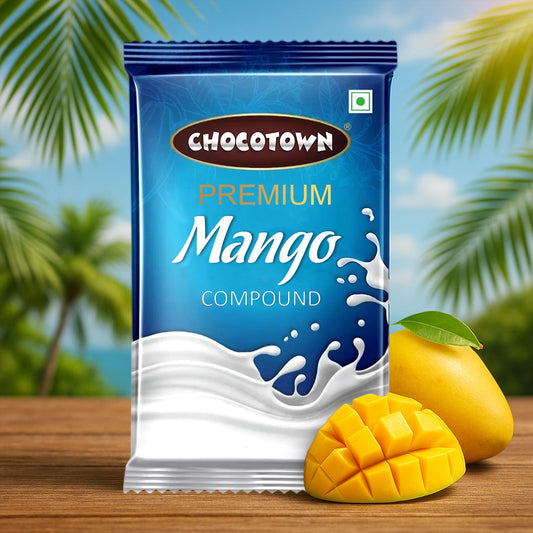 Chocotown Premium Mango Compound 500gm slab with branding and nutritional info.