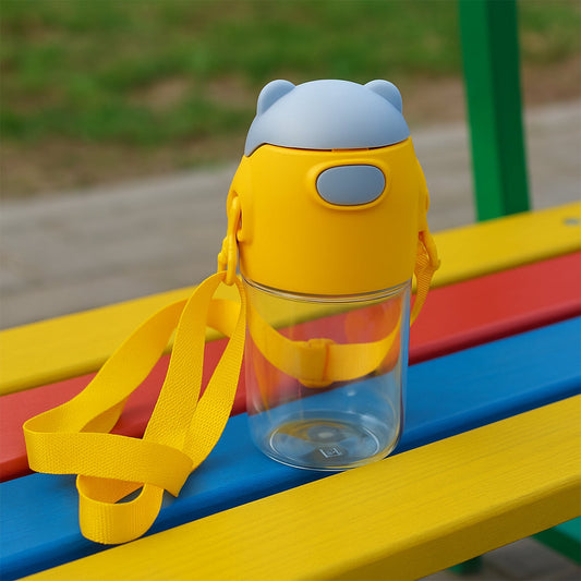 Front view of a clear large water bottle with a grey lid and strap, perfect for daily hydration.