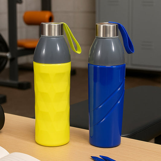 Insulated sports water bottle (750ml) in a vibrant multi-color design with a dori strap.
