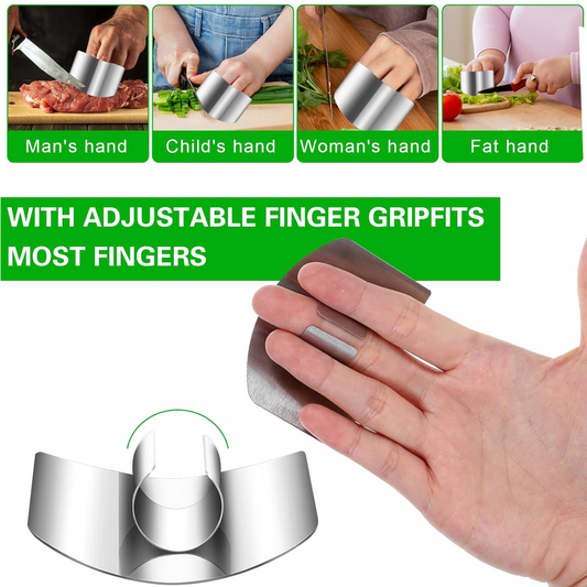 Diagram illustrating how to correctly wear the stainless steel finger guard for safe chopping.