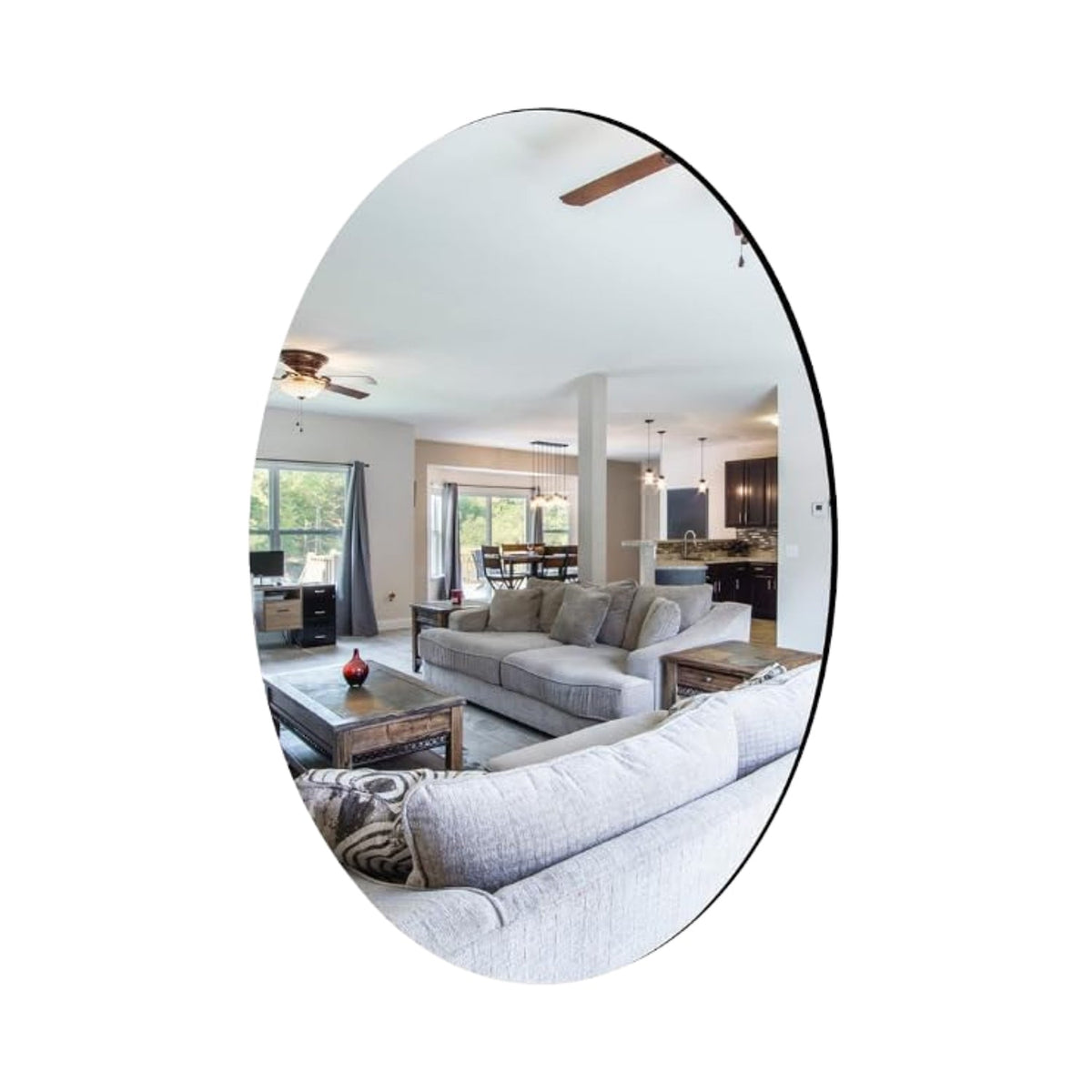 Set of two oval self-adhesive mirror stickers applied in a modern bathroom.