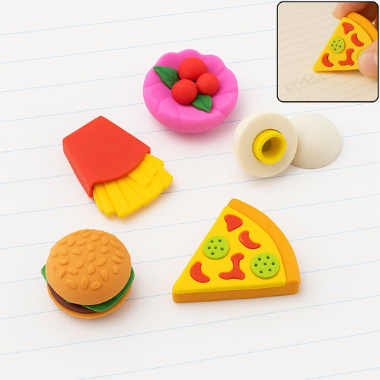 A vibrant 5-piece food-shaped eraser set featuring various mini dessert and snack designs.