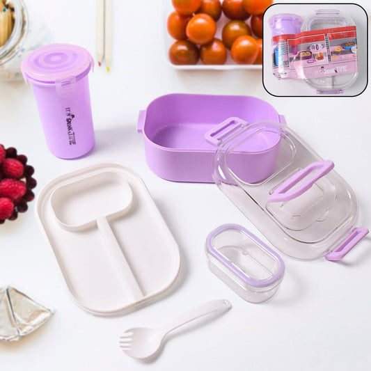 Kids BPA-free plastic lunch box set with bottle, spoon, and meal compartments