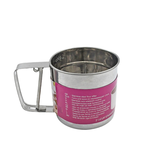 Stainless steel flour sifter with a comfortable handle, perfect for baking.