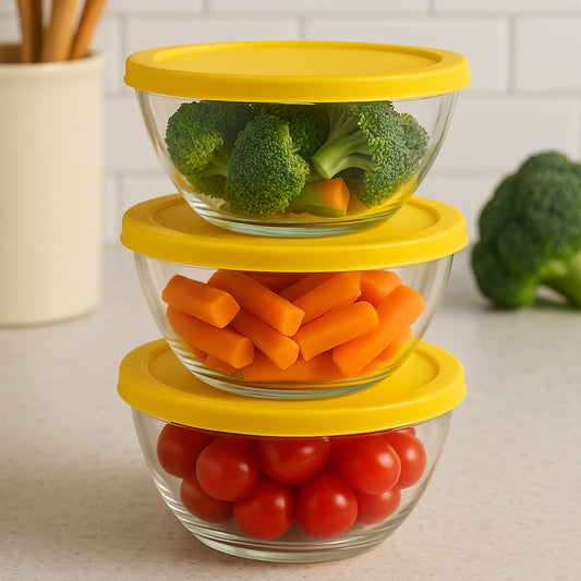 Set of three multipurpose glass bowls with lids ideal for mixing and storage