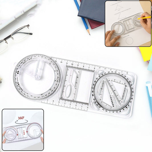 Multi-functional geometry drawing tool with ruler and protractor