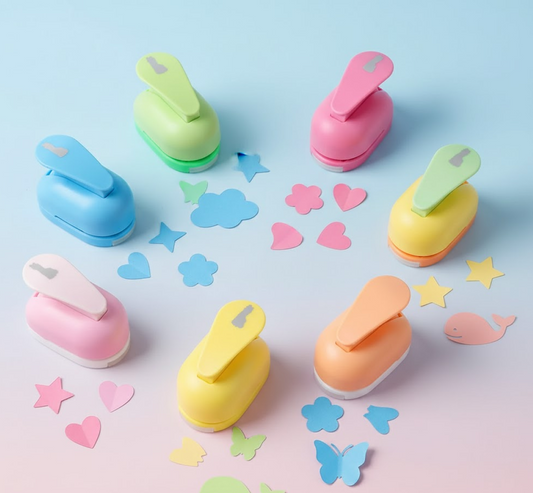 A group of colorful kids paper craft punches with various decorative shapes.