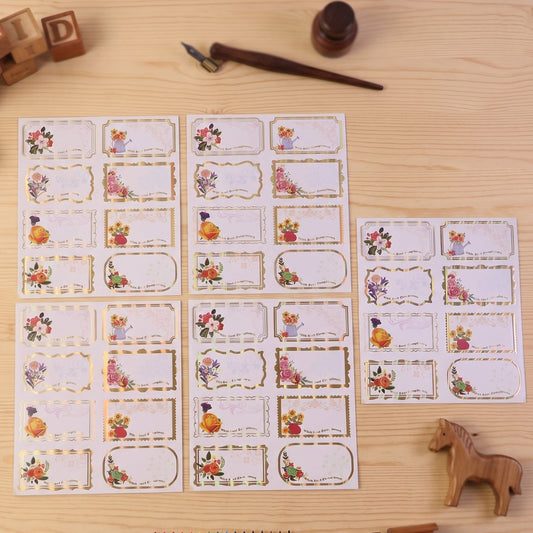 Floral foil gift tag stickers with gold borders for elegant gifting