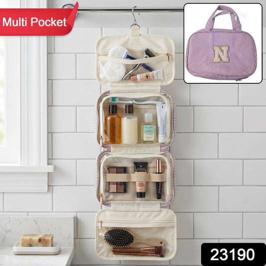 Open travel organizer bag with toiletries and multiple pockets