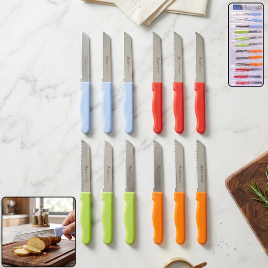 12-piece stainless steel kitchen knife set with plastic handles in assorted colours
