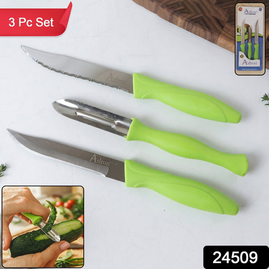 Stainless steel knives and peeler with ergonomic handles for home & professional kitchens