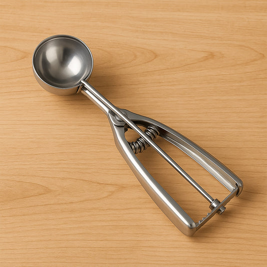 Stainless steel ice cream scoop with spring-loaded release mechanism.