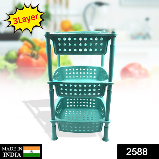Black 3-layer square kitchen trolley basket in a modern kitchen.