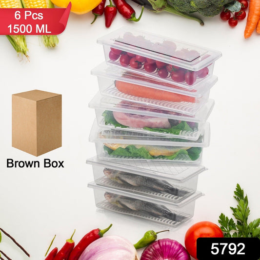 A set of six stackable freezer storage containers with blue lids, ideal for fridge organization.