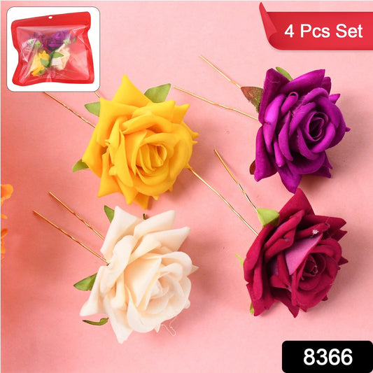 Close up of bright floral hair pin in vivid mixed colors holding styled hair