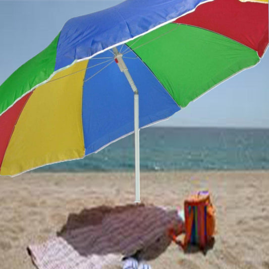 A vibrant blue and white garden umbrella standing tall in an outdoor setting, providing ample shade.