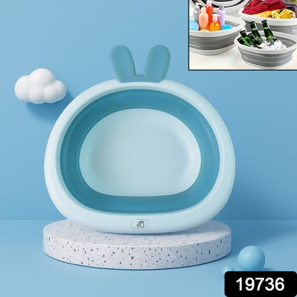 Collapsible basin showing its foldable design and bunny ear handle