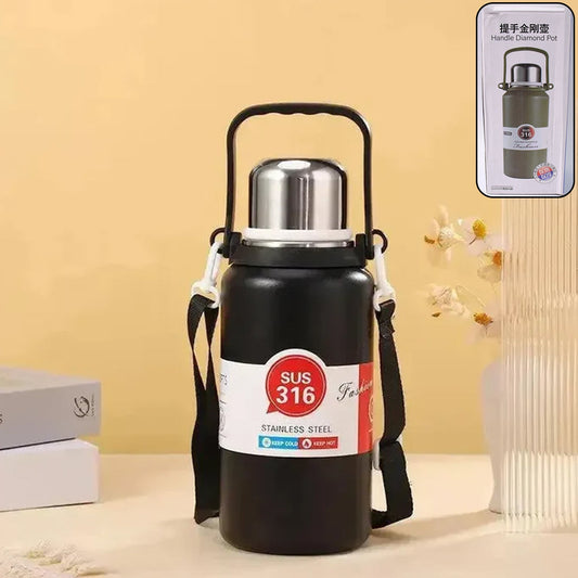 Black insulated stainless steel thermos bottle with powder-coated finish