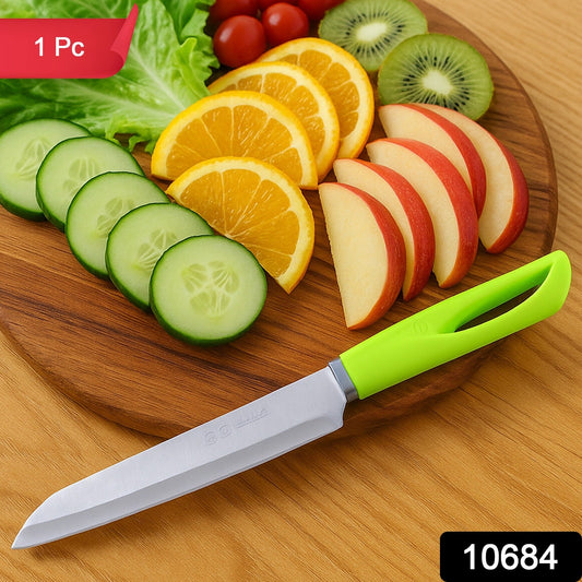 Close up of kitchen utility knife showing sharp stainless steel blade and ergonomic handle
