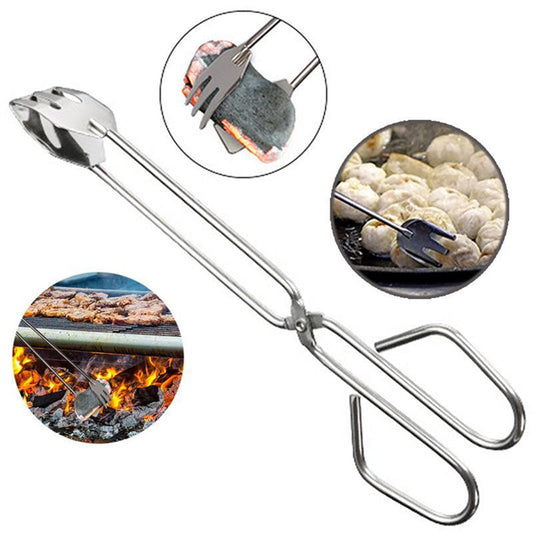 Heavy-duty metal BBQ tongs for grilling and serving.