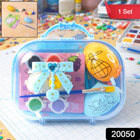 Educational art kit showing children painting with illustrated colour cards
