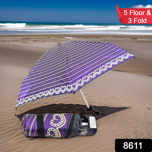 Compact 3-fold sun protective umbrella shown fully open, ready for use.
