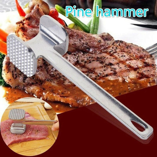 Dual-sided aluminium meat tenderizer hammer for versatile kitchen use.