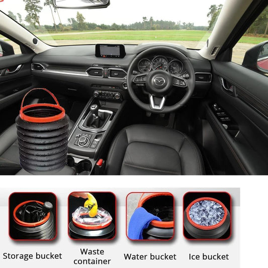 Foldable car trash can in an auto, showing its compact design and capacity.